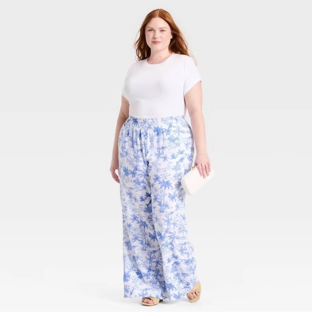 A New Day NWT Blue Toile Linen Pull-On Wide Leg Pants Size 3X